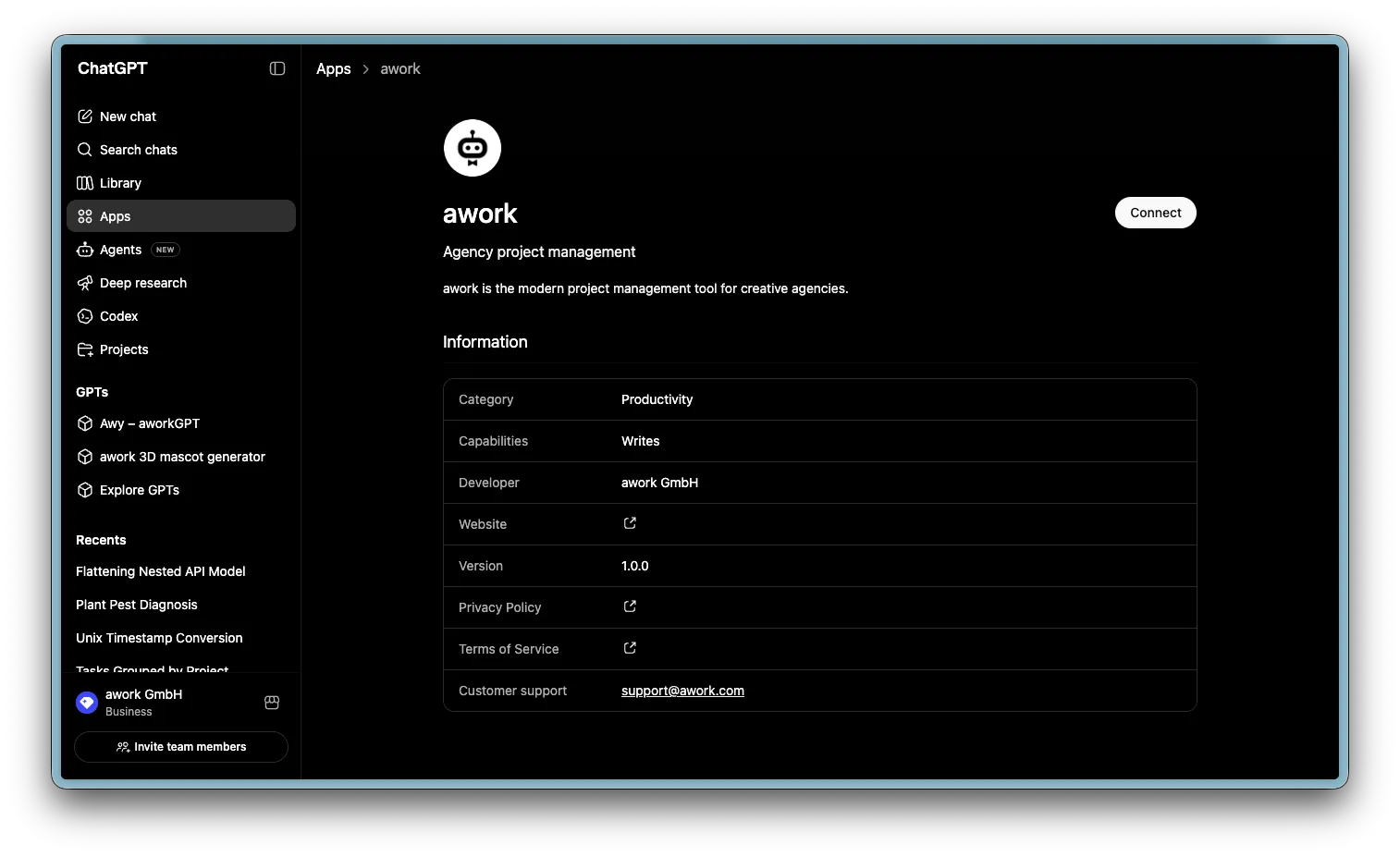 The awork app detail page in ChatGPT Apps with a Connect button