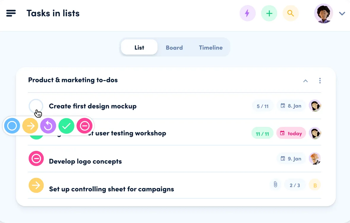 awork task list with statuses, due dates, progress, and assignees