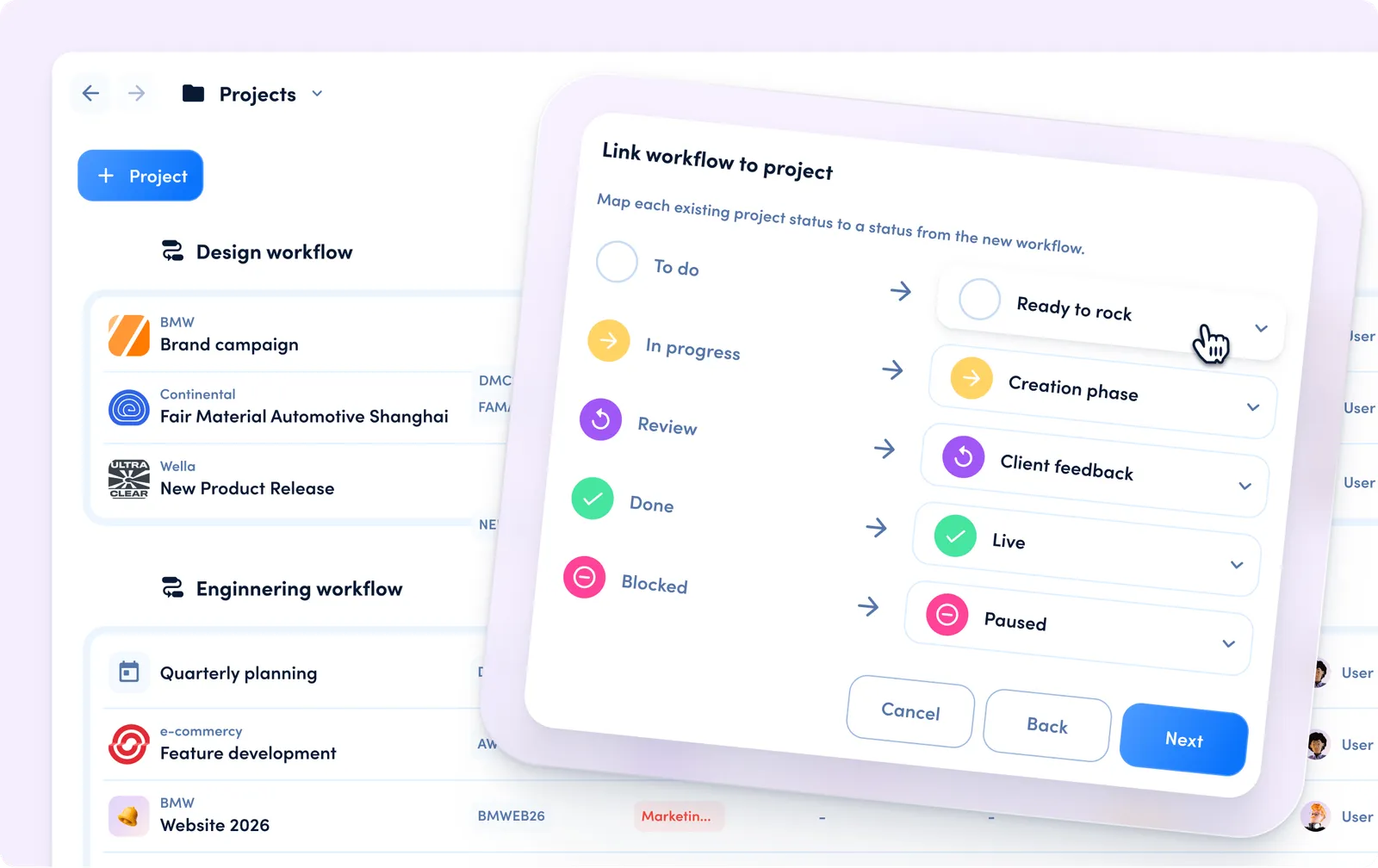awork workflow status mapping from existing project statuses to a shared workflow