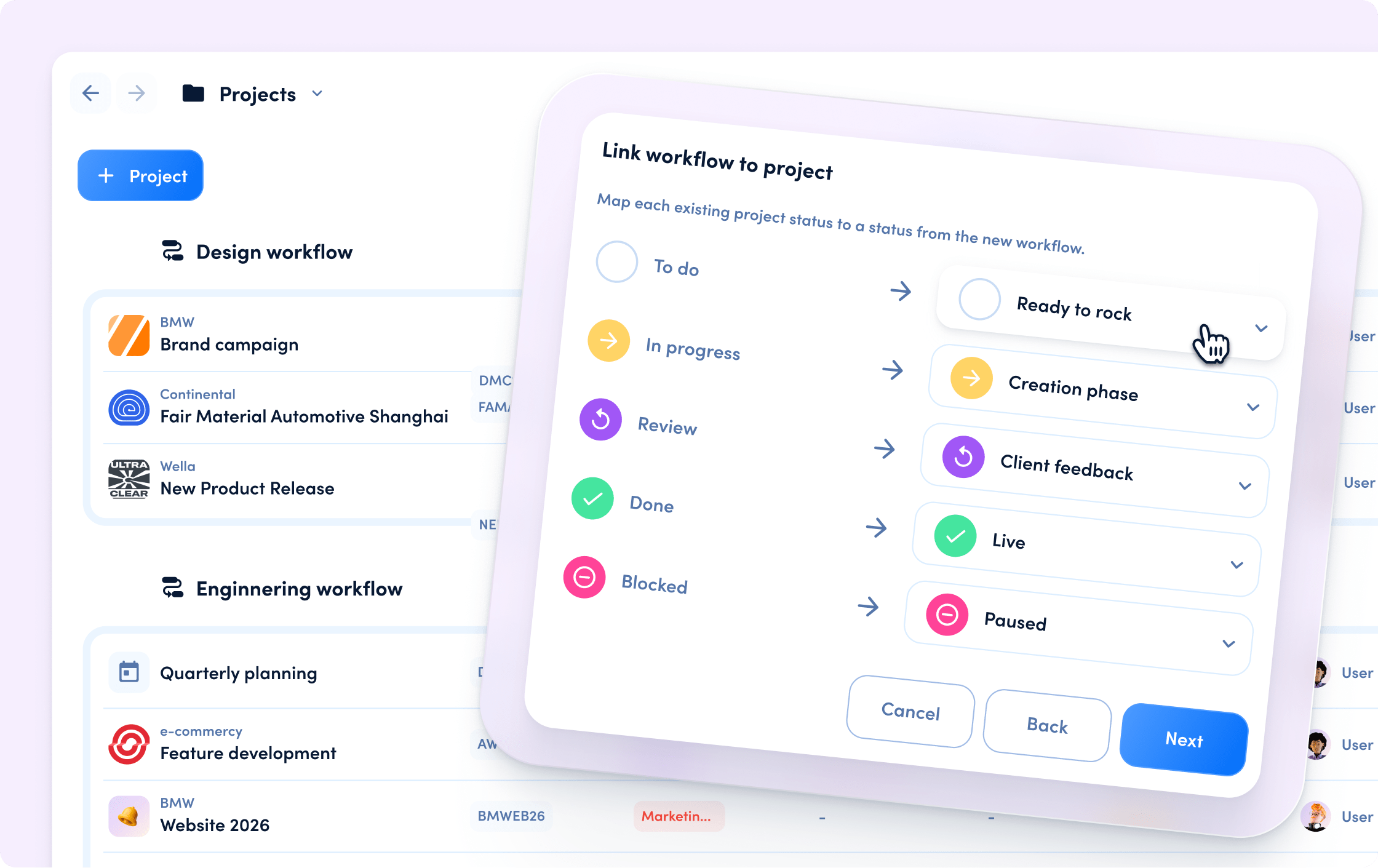 awork workflow status mapping from existing project statuses to a shared workflow